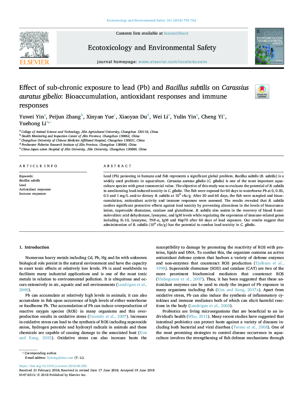 Effect of sub-chronic exposure to lead (Pb) and Bacillus subtilis on Carassius auratus gibelio: Bioaccumulation, antioxidant responses and immune responses
