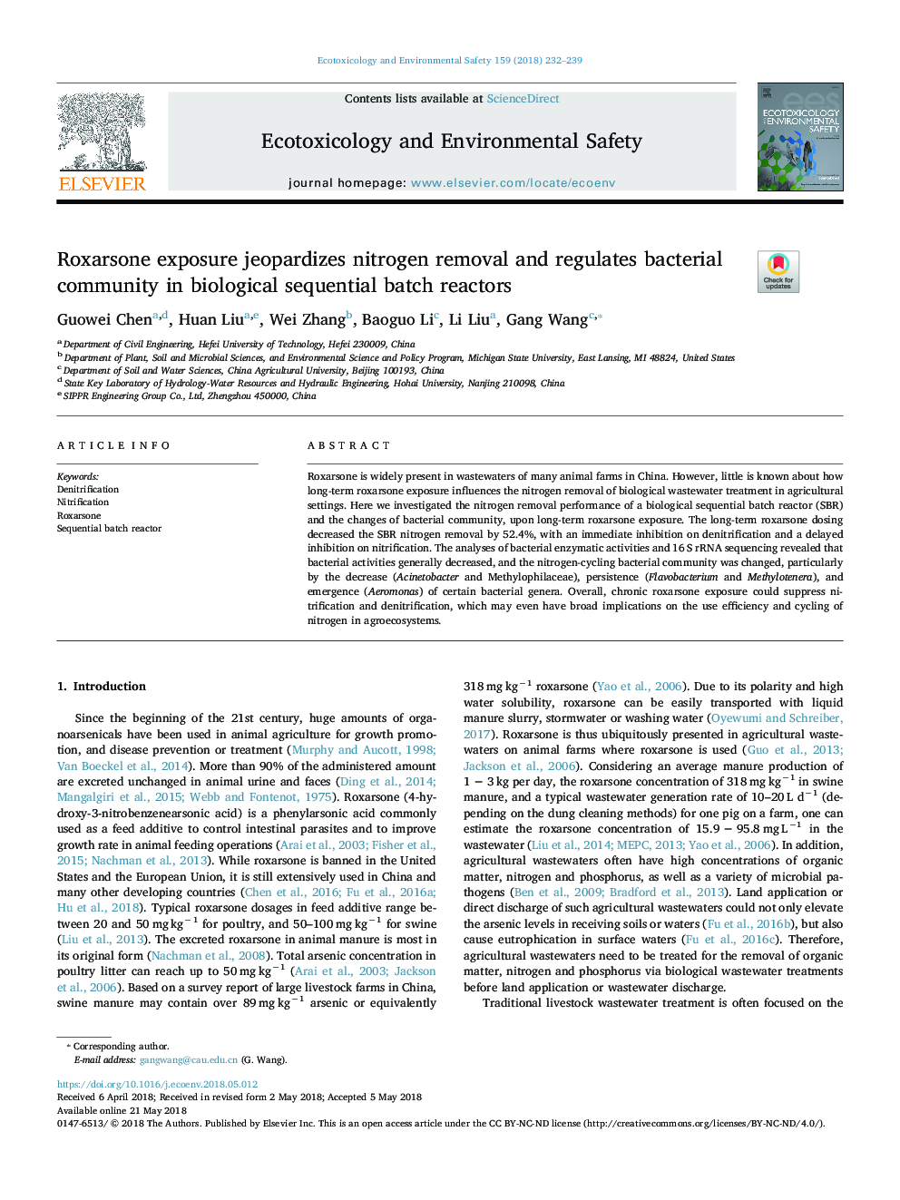 Roxarsone exposure jeopardizes nitrogen removal and regulates bacterial community in biological sequential batch reactors