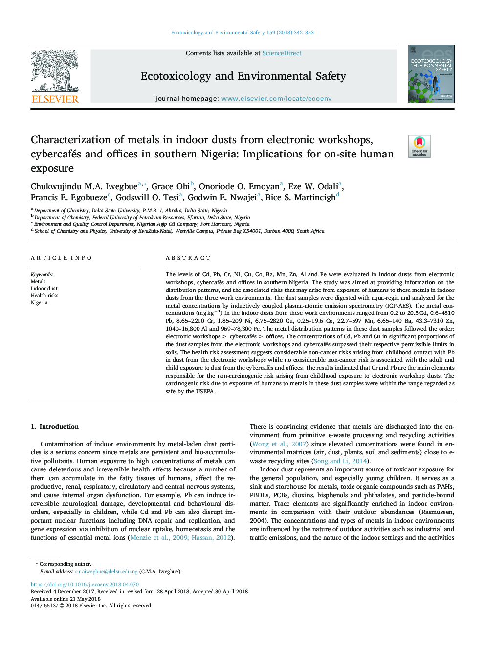 Characterization of metals in indoor dusts from electronic workshops, cybercafés and offices in southern Nigeria: Implications for on-site human exposure