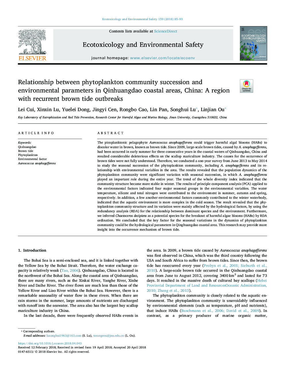 Relationship between phytoplankton community succession and environmental parameters in Qinhuangdao coastal areas, China: A region with recurrent brown tide outbreaks