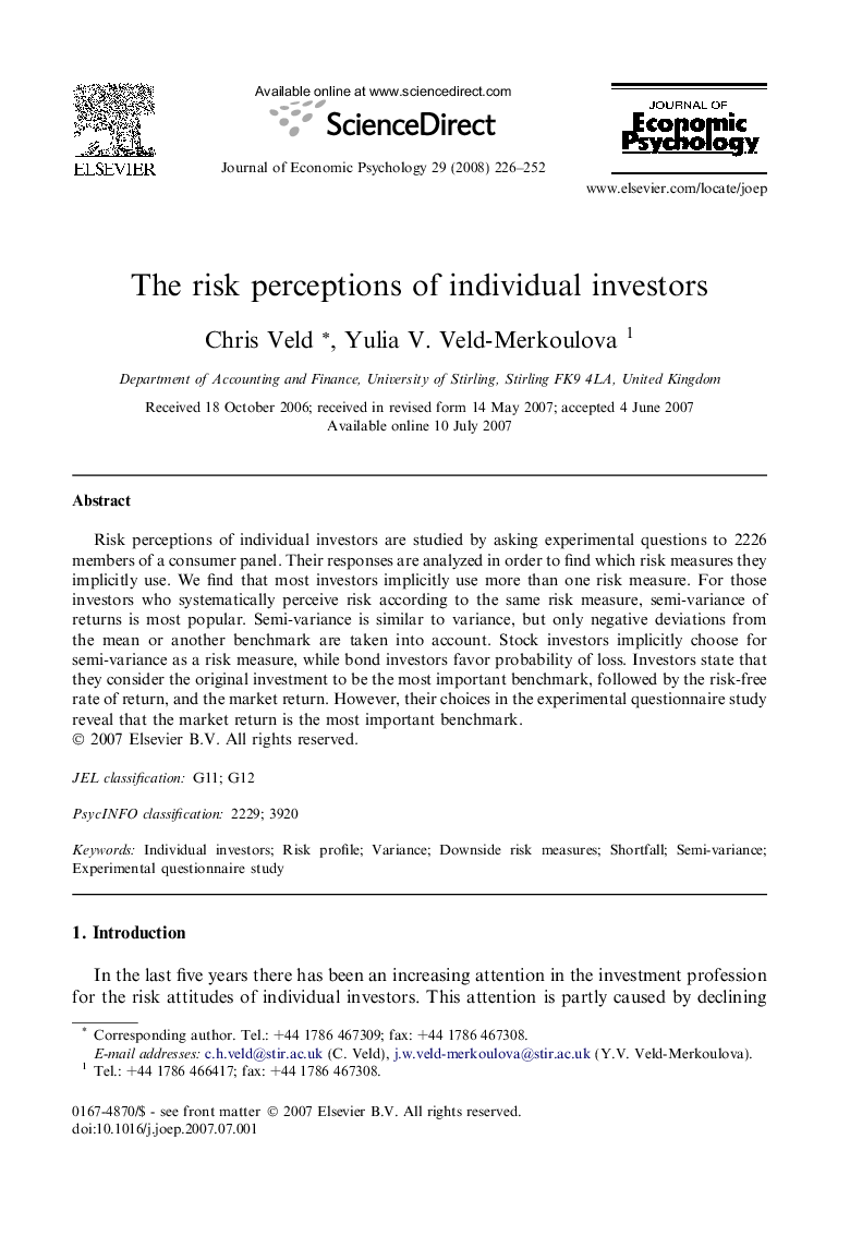 The risk perceptions of individual investors