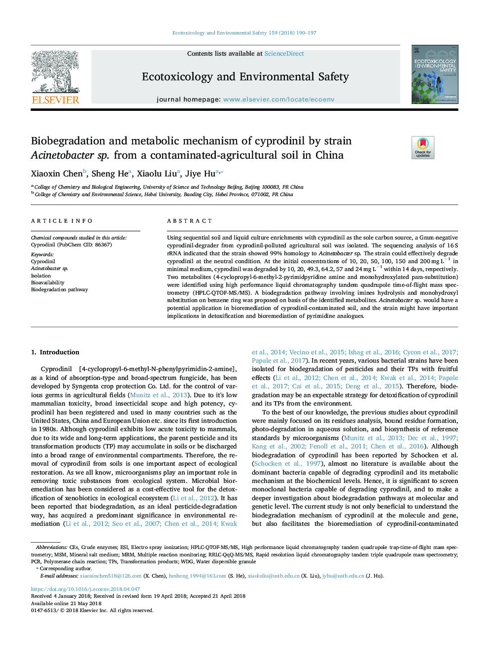 Biobegradation and metabolic mechanism of cyprodinil by strain Acinetobacter sp. from a contaminated-agricultural soil in China