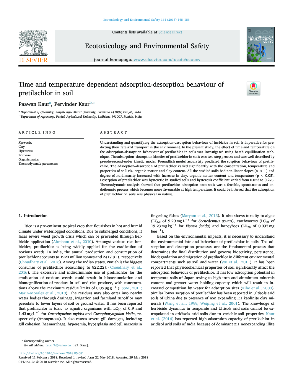 Time and temperature dependent adsorption-desorption behaviour of pretilachlor in soil