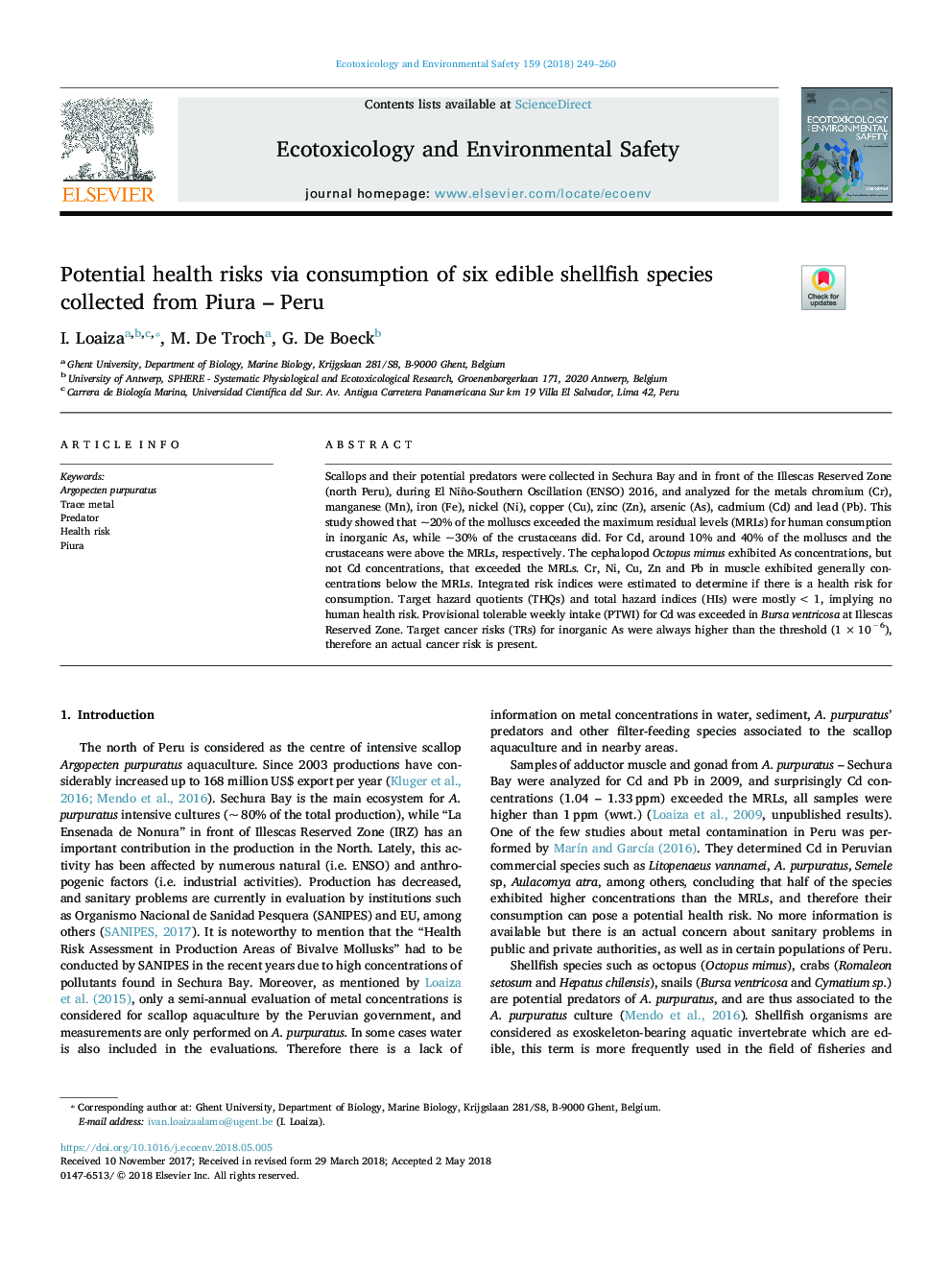 عکس صفحه اول مقاله: Potential health risks via consumption of six edible shellfish species collected from Piura - Peru Potential health risks via consumption of six edible shellfish species collected from Piura - Peru