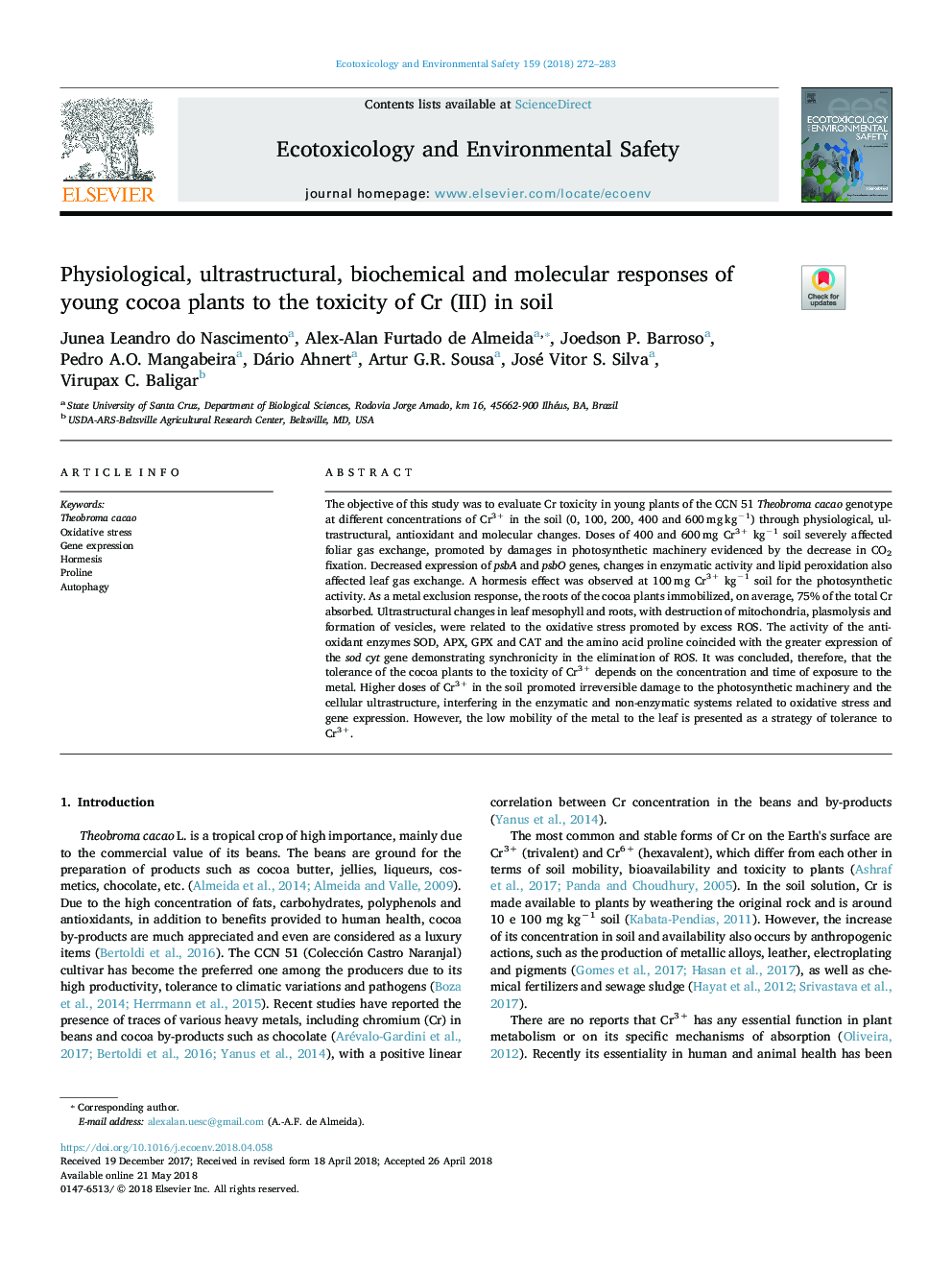 Physiological, ultrastructural, biochemical and molecular responses of young cocoa plants to the toxicity of Cr (III) in soil