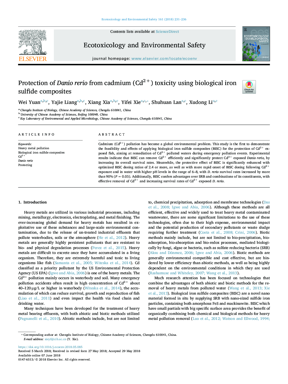 Protection of Danio rerio from cadmium (Cd2+) toxicity using biological iron sulfide composites