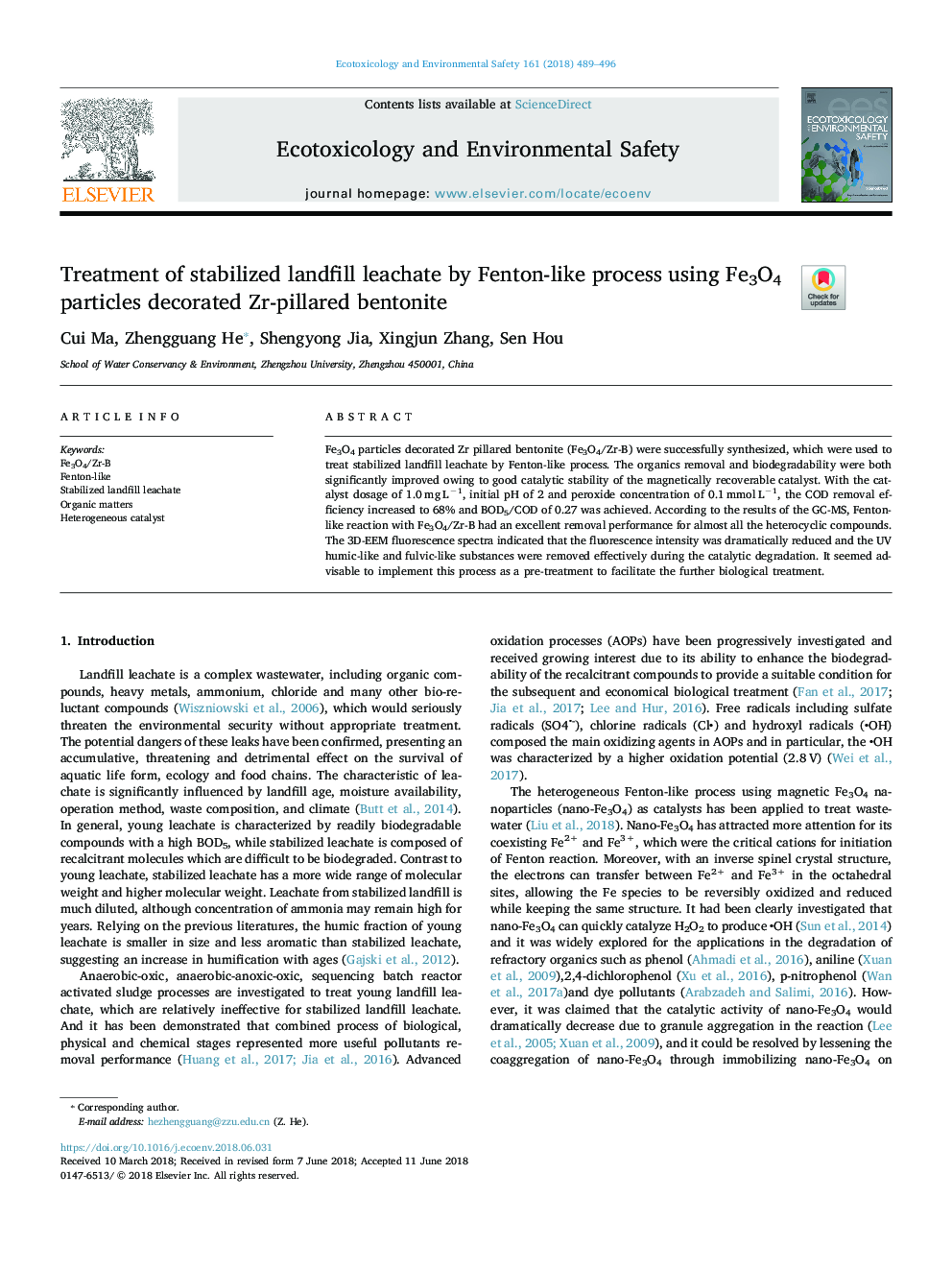 Treatment of stabilized landfill leachate by Fenton-like process using Fe3O4 particles decorated Zr-pillared bentonite