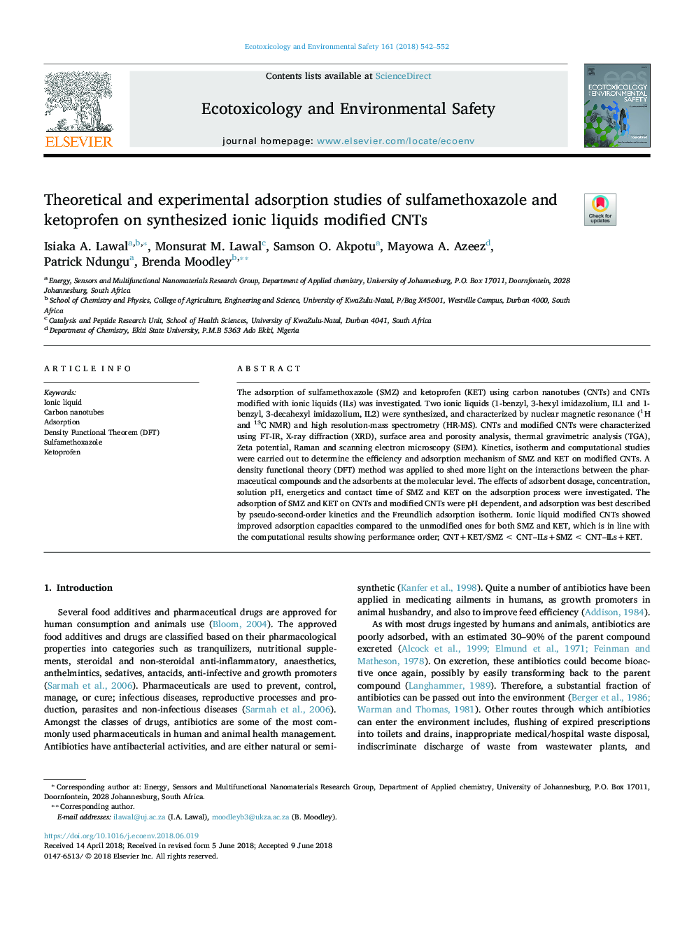 Theoretical and experimental adsorption studies of sulfamethoxazole and ketoprofen on synthesized ionic liquids modified CNTs