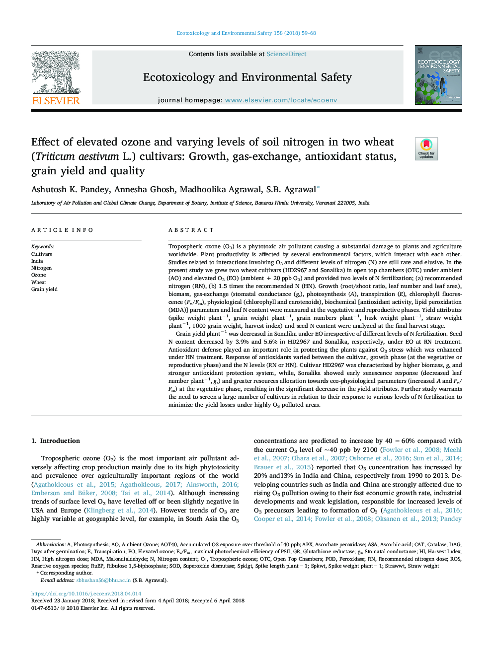 Effect of elevated ozone and varying levels of soil nitrogen in two wheat (Triticum aestivum L.) cultivars: Growth, gas-exchange, antioxidant status, grain yield and quality