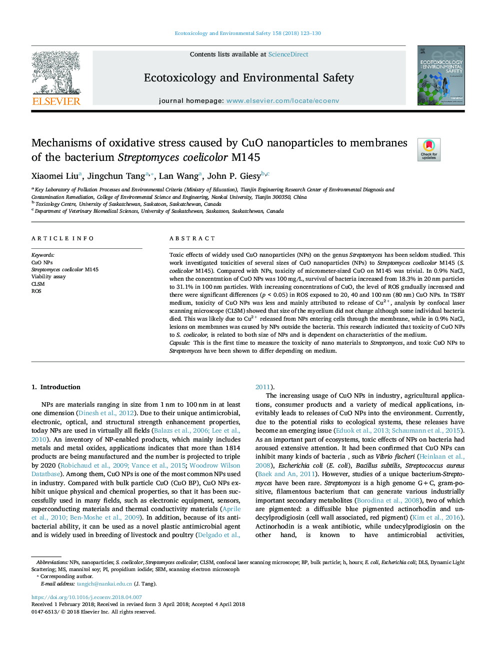 Mechanisms of oxidative stress caused by CuO nanoparticles to membranes of the bacterium Streptomyces coelicolor M145