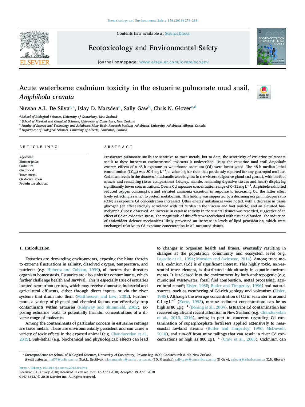 Acute waterborne cadmium toxicity in the estuarine pulmonate mud snail, Amphibola crenata