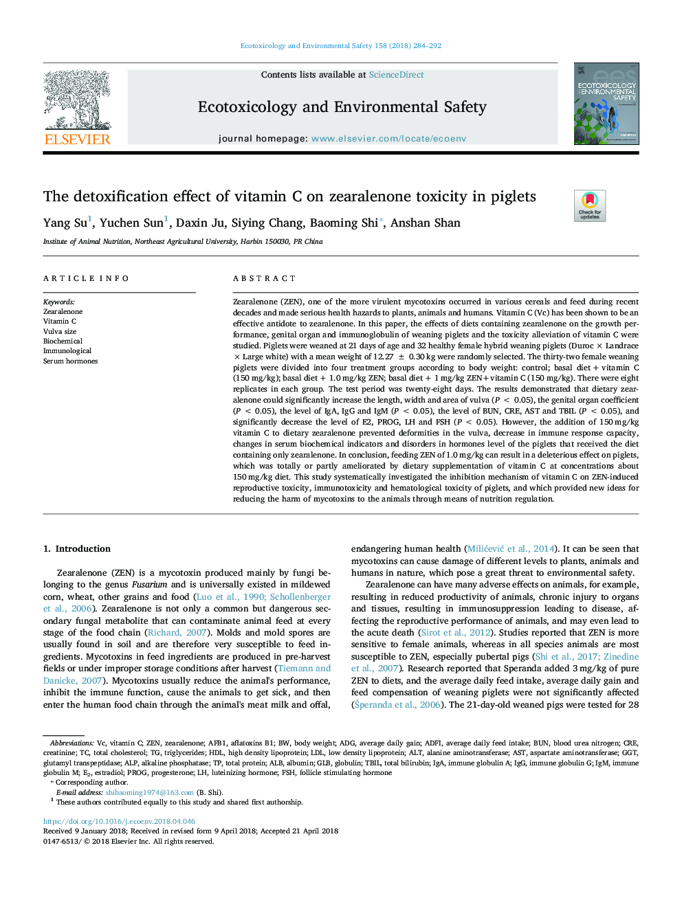 The detoxification effect of vitamin C on zearalenone toxicity in piglets