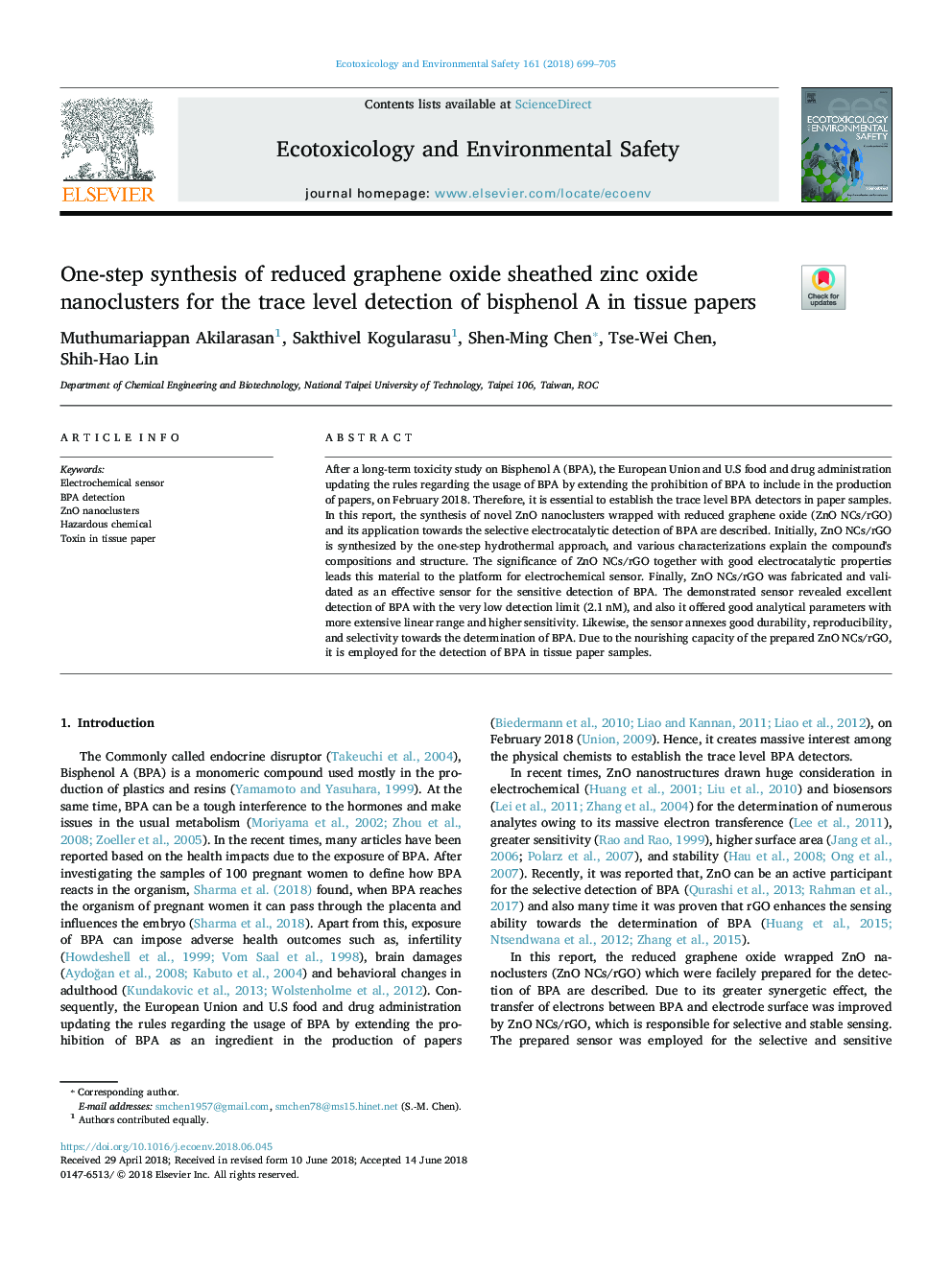 One-step synthesis of reduced graphene oxide sheathed zinc oxide nanoclusters for the trace level detection of bisphenol A in tissue papers