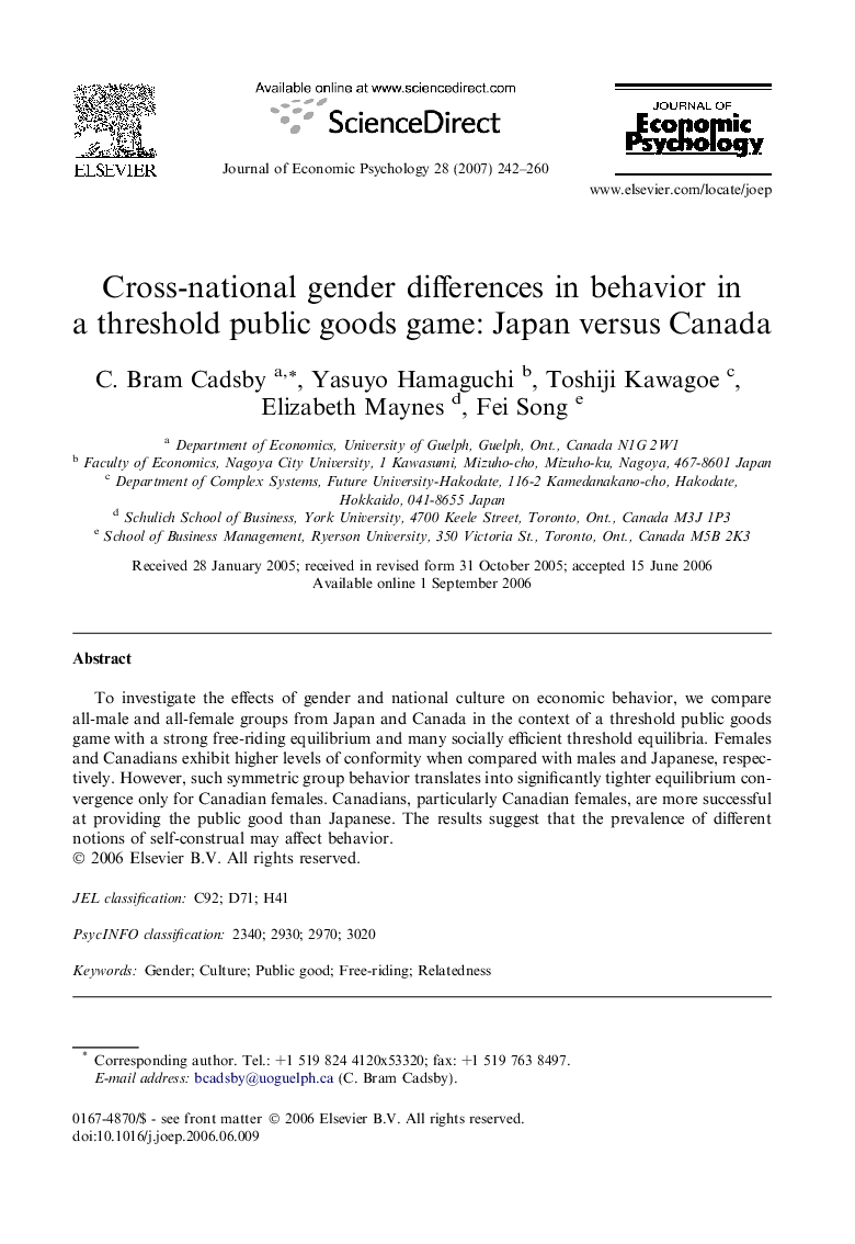 Cross-national gender differences in behavior in a threshold public goods game: Japan versus Canada