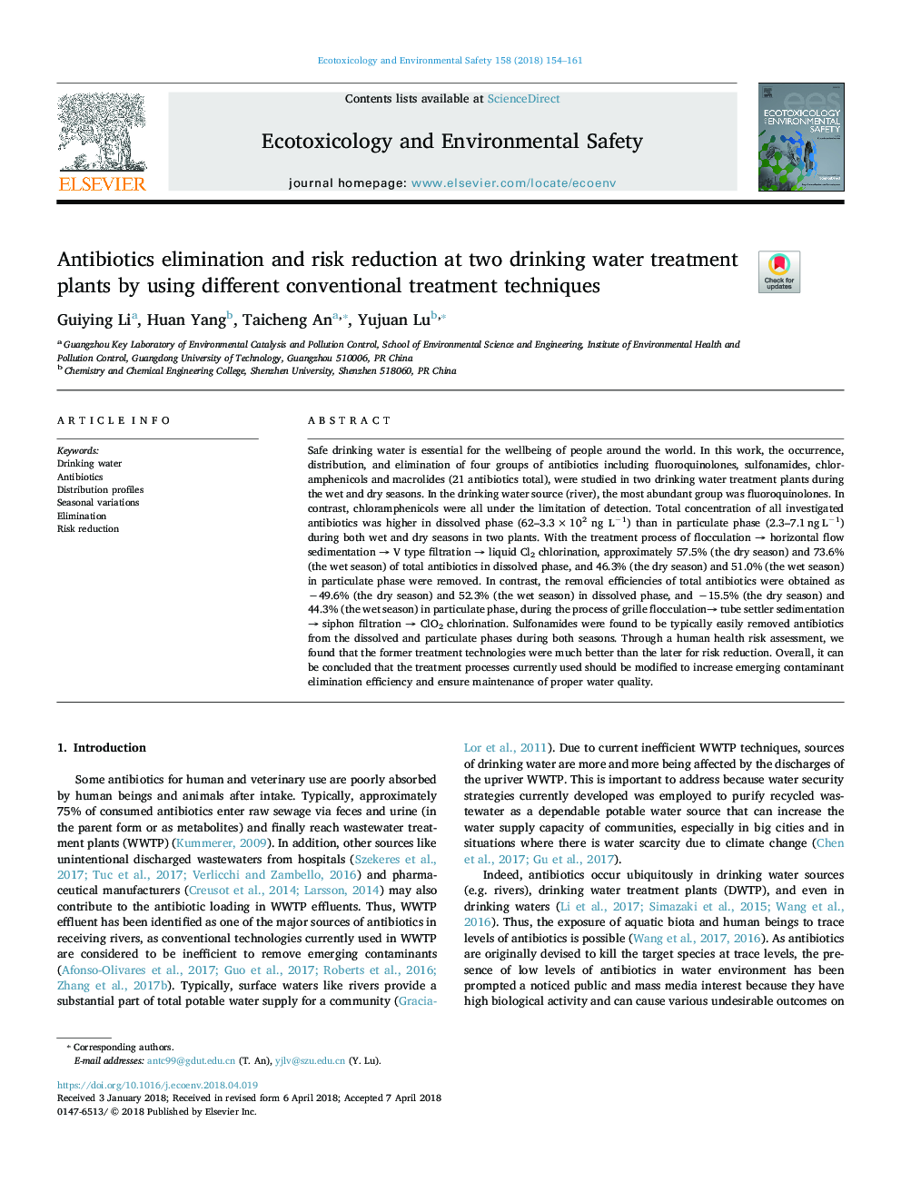 Antibiotics elimination and risk reduction at two drinking water treatment plants by using different conventional treatment techniques