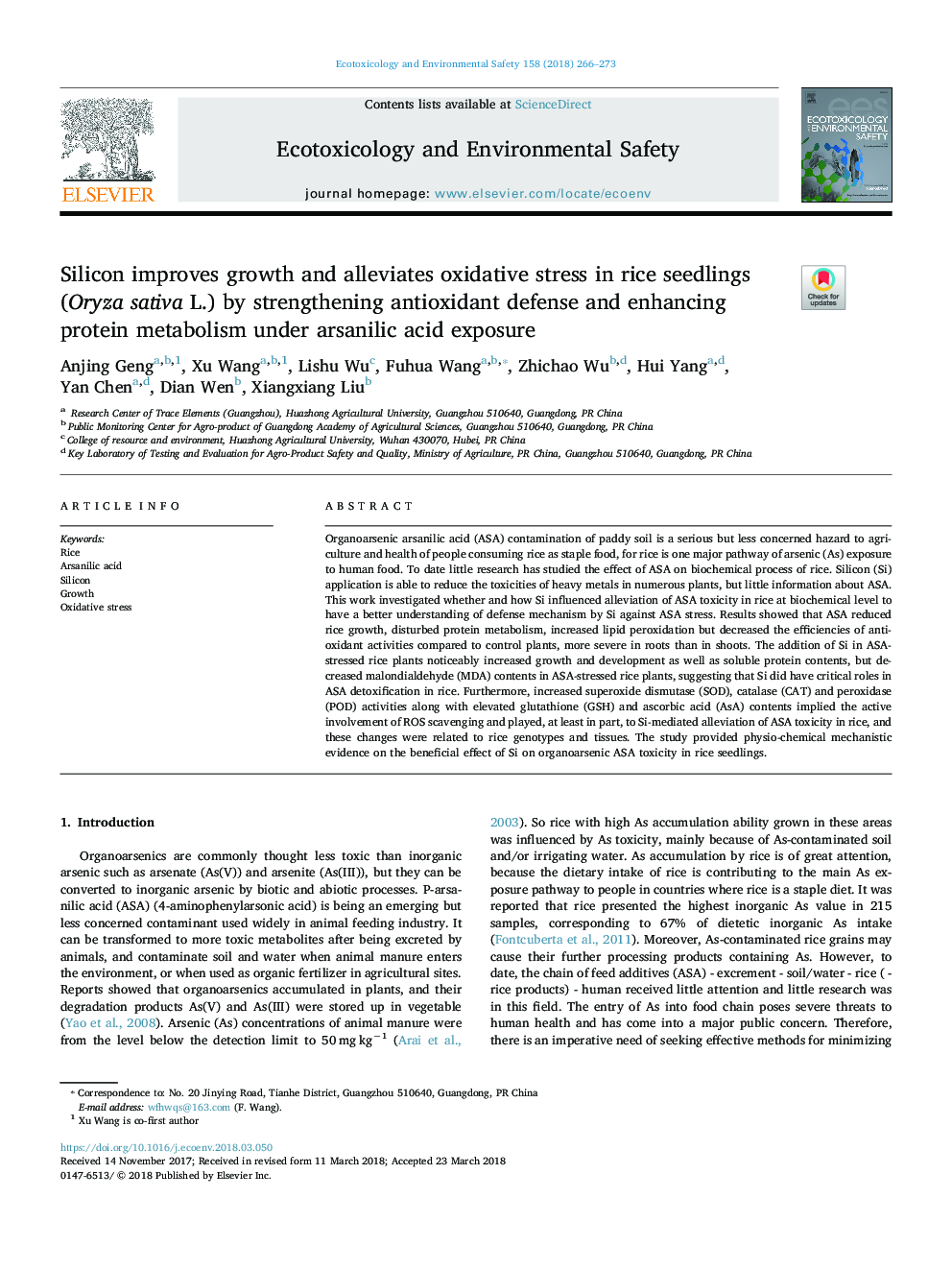 Silicon improves growth and alleviates oxidative stress in rice seedlings (Oryza sativa L.) by strengthening antioxidant defense and enhancing protein metabolism under arsanilic acid exposure