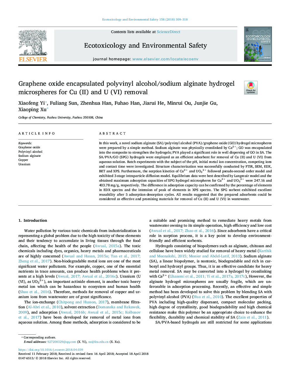 Graphene oxide encapsulated polyvinyl alcohol/sodium alginate hydrogel microspheres for Cu (II) and U (VI) removal