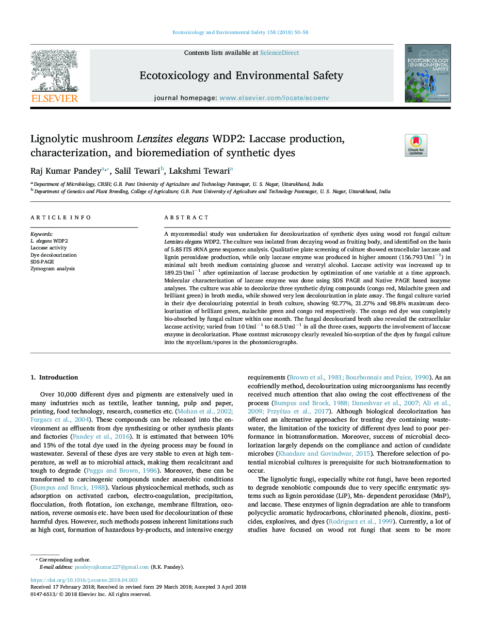 Lignolytic mushroom Lenzites elegans WDP2: Laccase production, characterization, and bioremediation of synthetic dyes