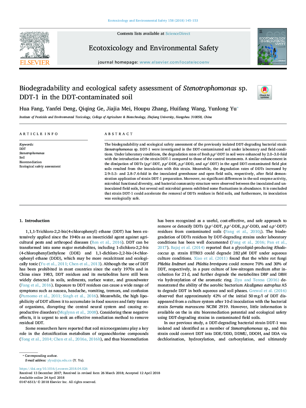 Biodegradability and ecological safety assessment of Stenotrophomonas sp. DDT-1 in the DDT-contaminated soil