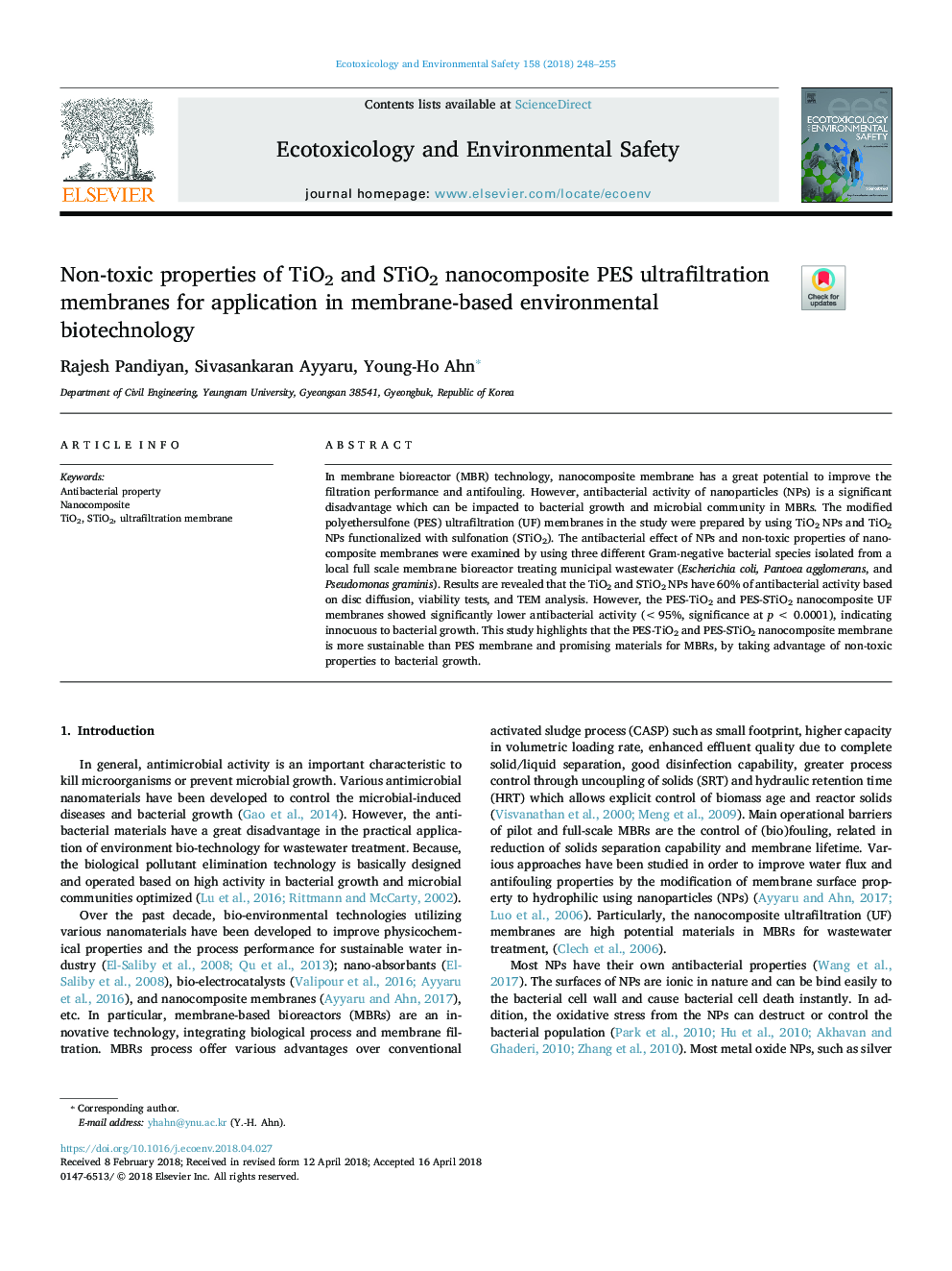 Non-toxic properties of TiO2 and STiO2 nanocomposite PES ultrafiltration membranes for application in membrane-based environmental biotechnology