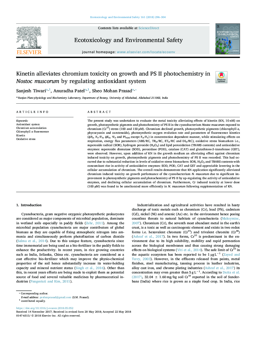 Kinetin alleviates chromium toxicity on growth and PS II photochemistry in Nostoc muscorum by regulating antioxidant system
