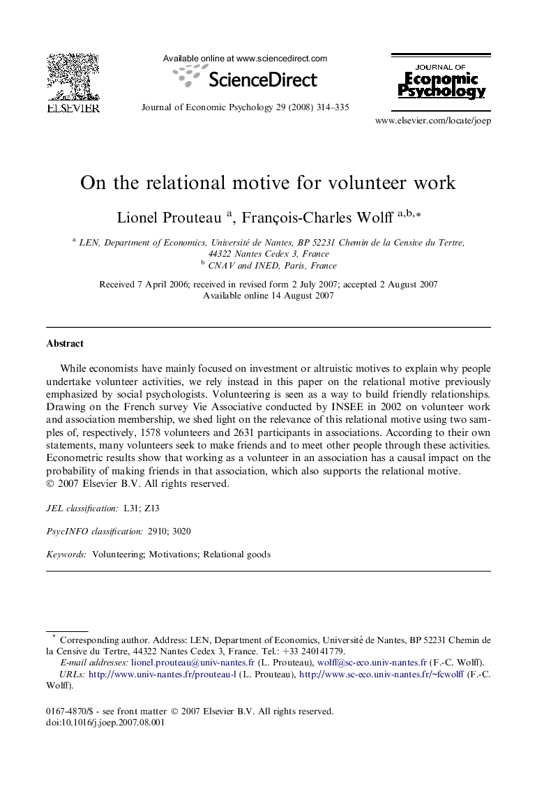 On the relational motive for volunteer work