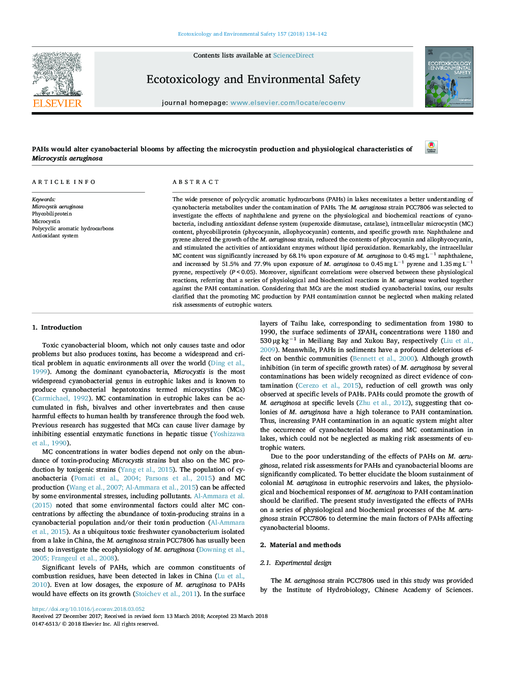 PAHs would alter cyanobacterial blooms by affecting the microcystin production and physiological characteristics of Microcystis aeruginosa