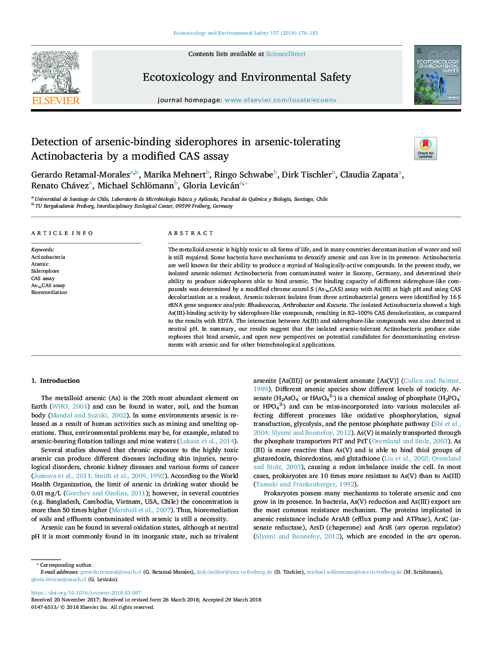 Detection of arsenic-binding siderophores in arsenic-tolerating Actinobacteria by a modified CAS assay