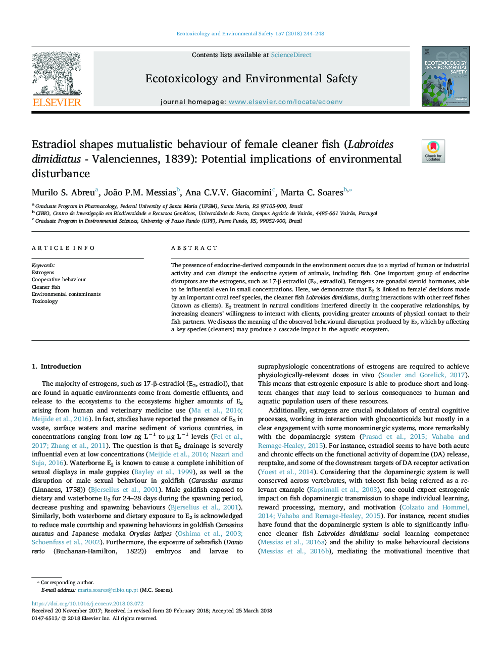 Estradiol shapes mutualistic behaviour of female cleaner fish (Labroides dimidiatus - Valenciennes, 1839): Potential implications of environmental disturbance