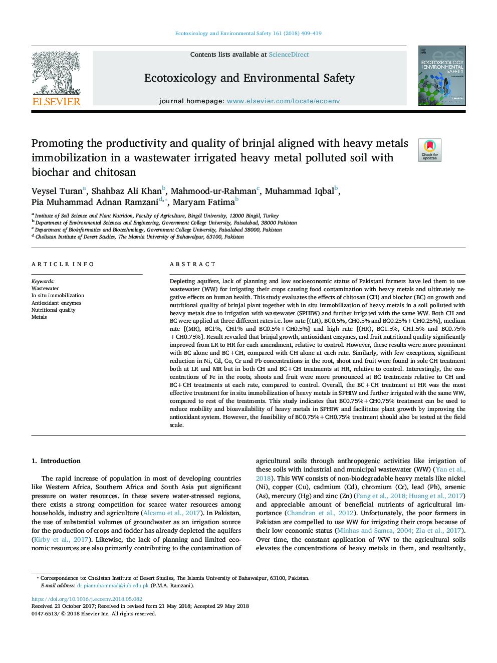 Promoting the productivity and quality of brinjal aligned with heavy metals immobilization in a wastewater irrigated heavy metal polluted soil with biochar and chitosan