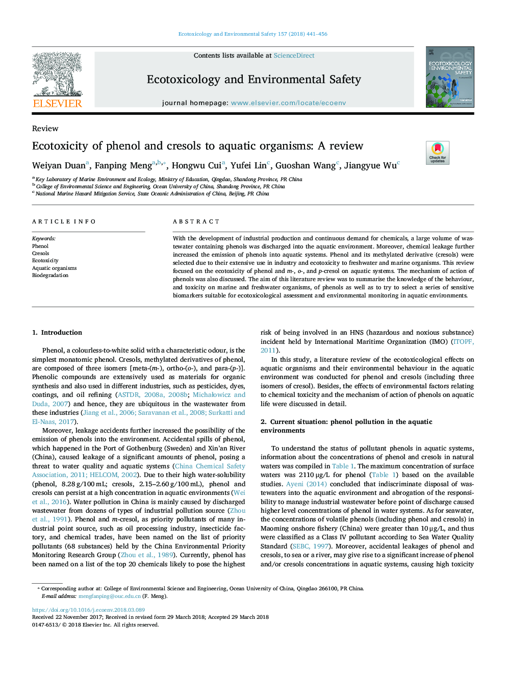 Ecotoxicity of phenol and cresols to aquatic organisms: A review