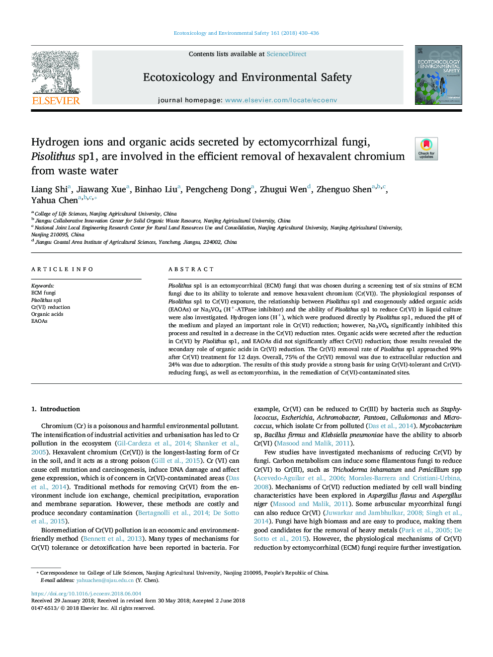 Hydrogen ions and organic acids secreted by ectomycorrhizal fungi, Pisolithus sp1, are involved in the efficient removal of hexavalent chromium from waste water