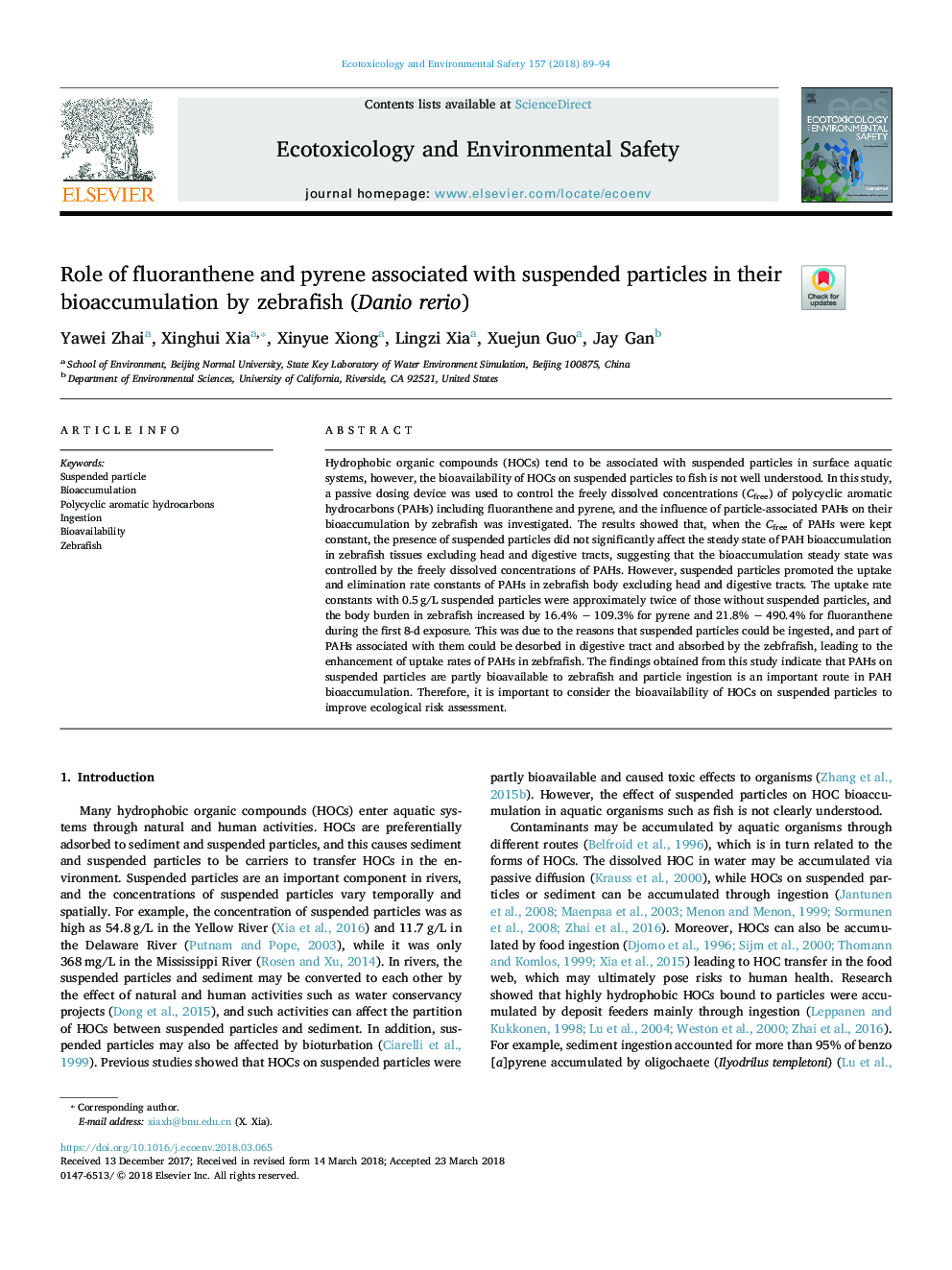 Role of fluoranthene and pyrene associated with suspended particles in their bioaccumulation by zebrafish (Danio rerio)