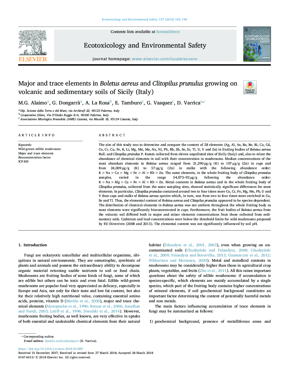 Major and trace elements in Boletus aereus and Clitopilus prunulus growing on volcanic and sedimentary soils of Sicily (Italy)