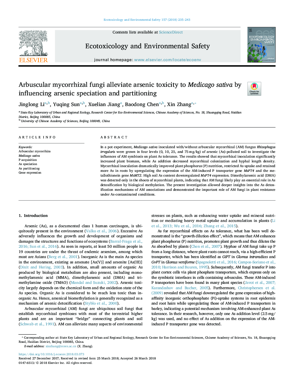 Arbuscular mycorrhizal fungi alleviate arsenic toxicity to Medicago sativa by influencing arsenic speciation and partitioning