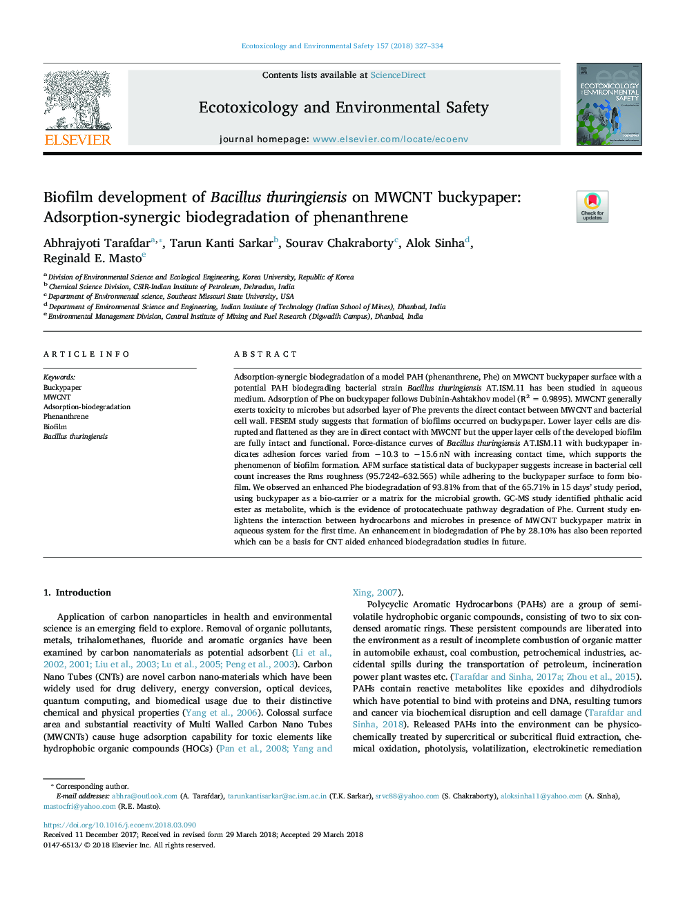 Biofilm development of Bacillus thuringiensis on MWCNT buckypaper: Adsorption-synergic biodegradation of phenanthrene