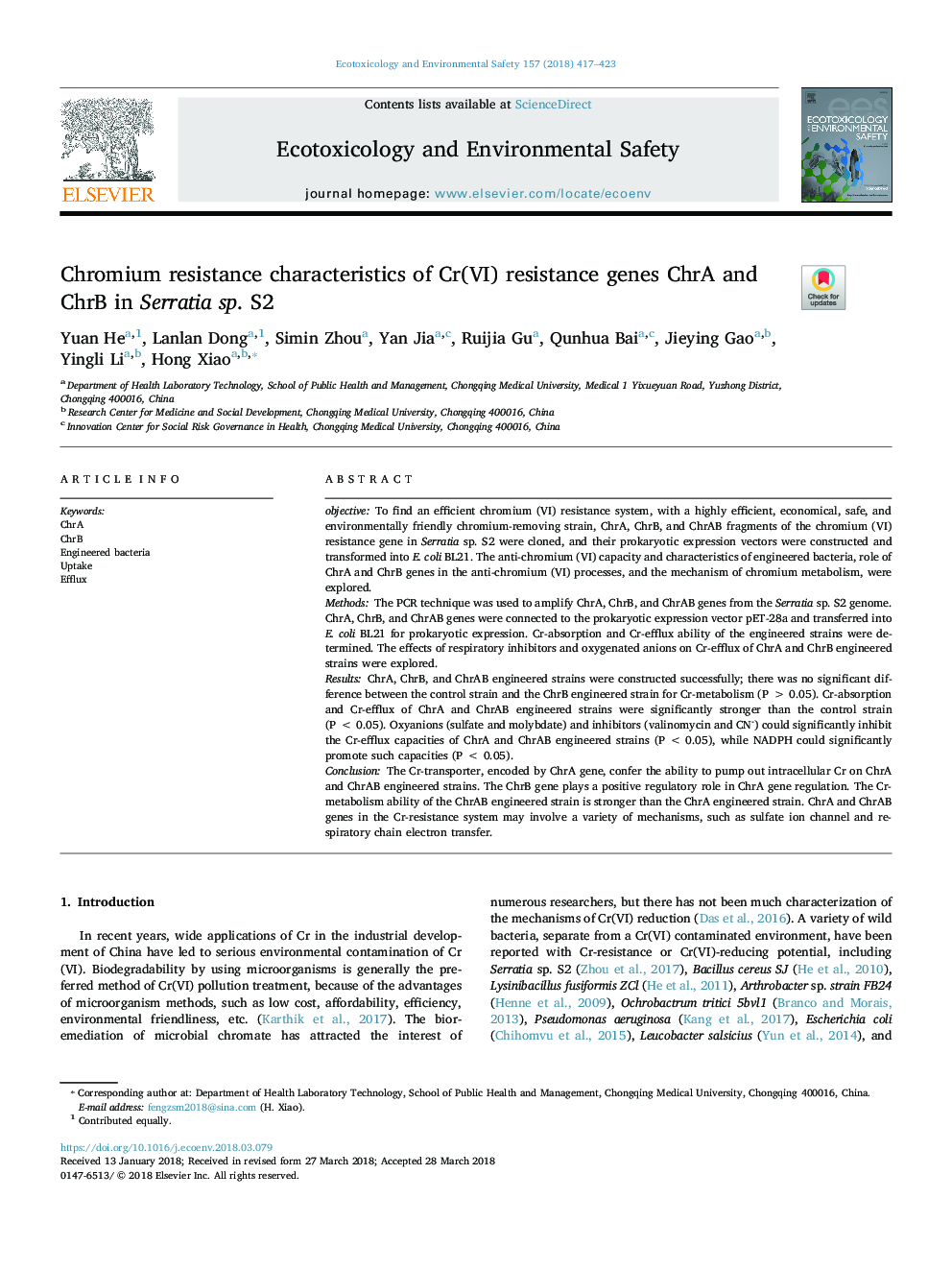 Chromium resistance characteristics of Cr(VI) resistance genes ChrA and ChrB in Serratia sp. S2