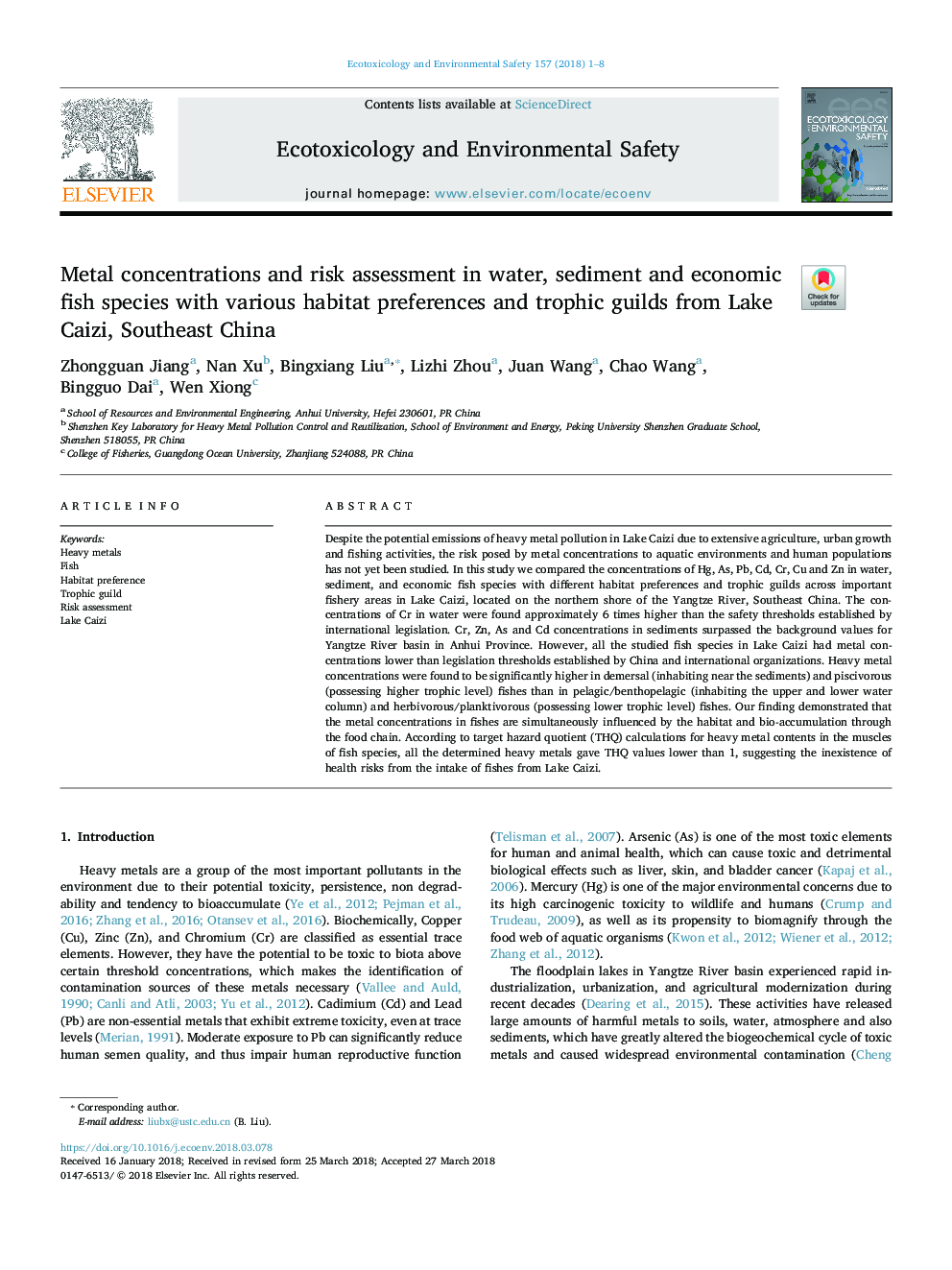 Metal concentrations and risk assessment in water, sediment and economic fish species with various habitat preferences and trophic guilds from Lake Caizi, Southeast China