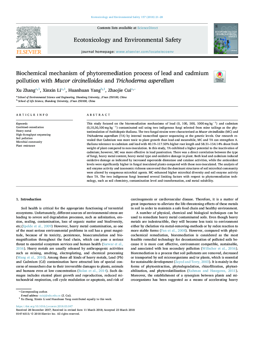 Biochemical mechanism of phytoremediation process of lead and cadmium pollution with Mucor circinelloides and Trichoderma asperellum