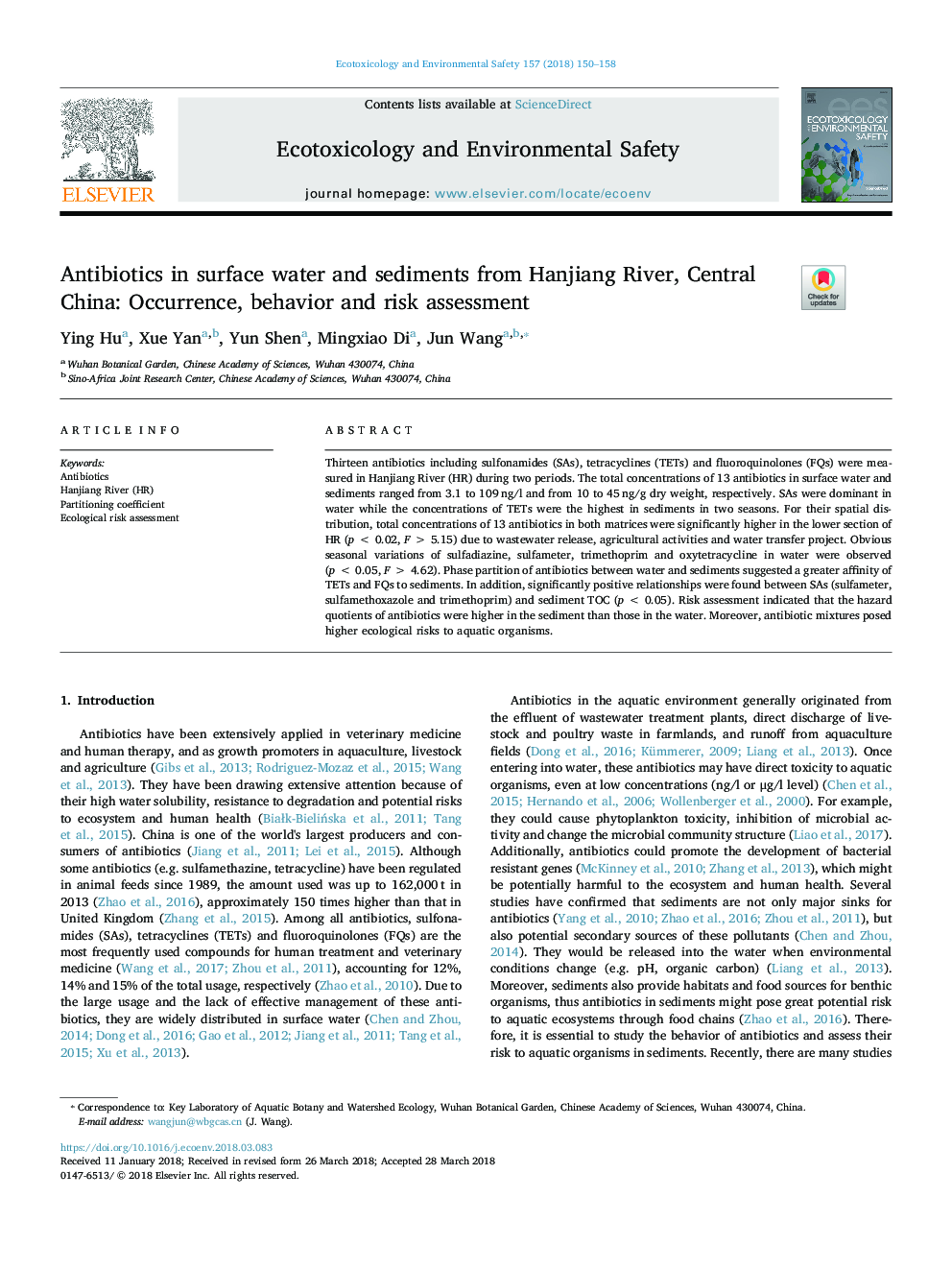 Antibiotics in surface water and sediments from Hanjiang River, Central China: Occurrence, behavior and risk assessment