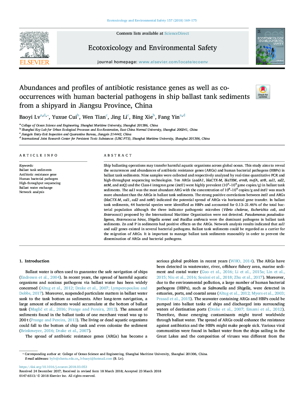 Abundances and profiles of antibiotic resistance genes as well as co-occurrences with human bacterial pathogens in ship ballast tank sediments from a shipyard in Jiangsu Province, China