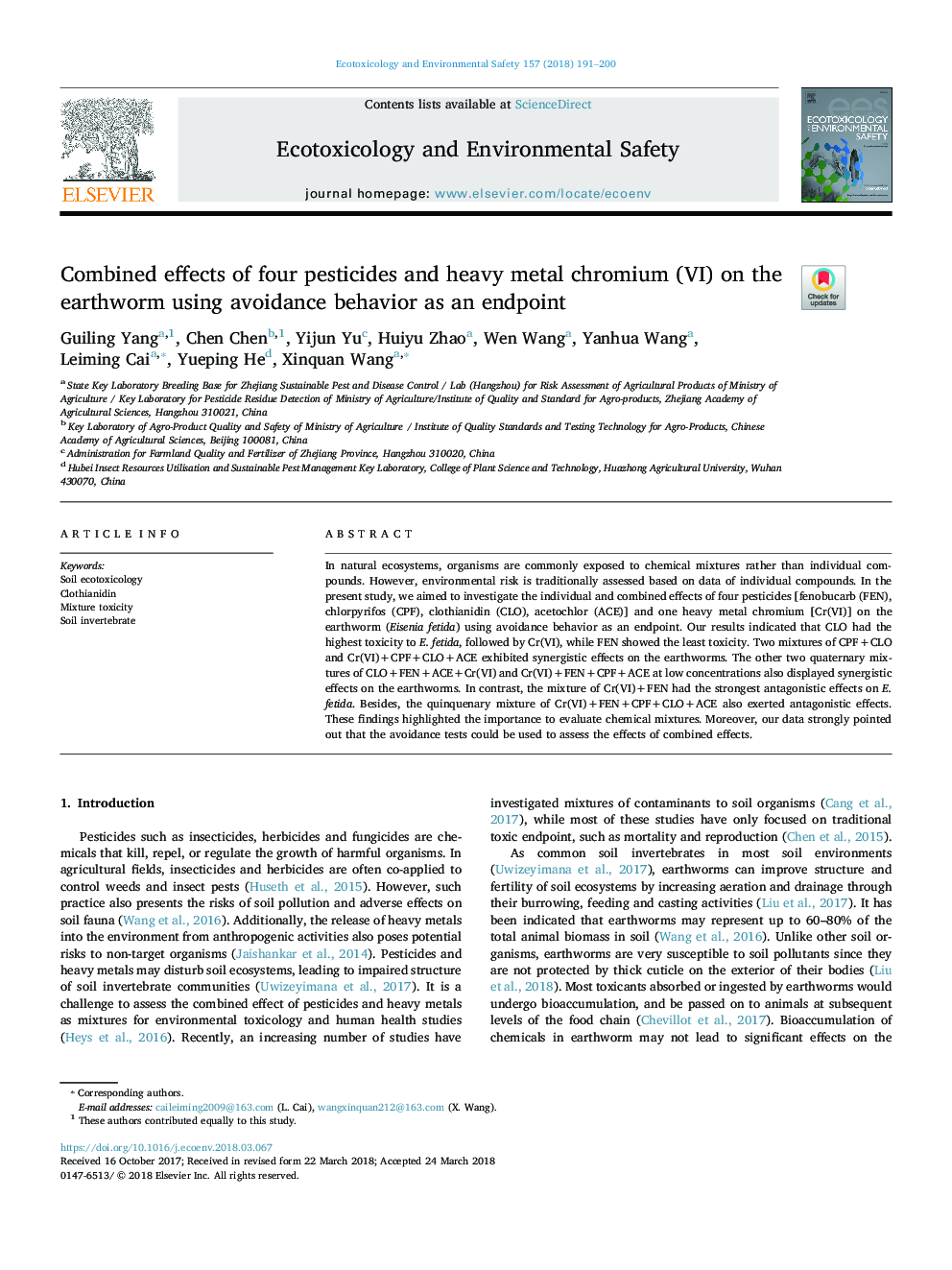 Combined effects of four pesticides and heavy metal chromium (â¥) on the earthworm using avoidance behavior as an endpoint