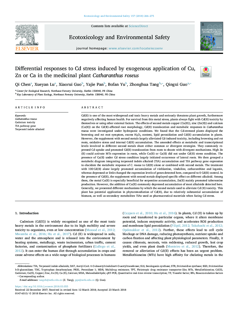 Differential responses to Cd stress induced by exogenous application of Cu, Zn or Ca in the medicinal plant Catharanthus roseus