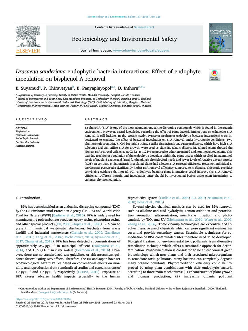 Dracaena sanderiana endophytic bacteria interactions: Effect of endophyte inoculation on bisphenol A removal