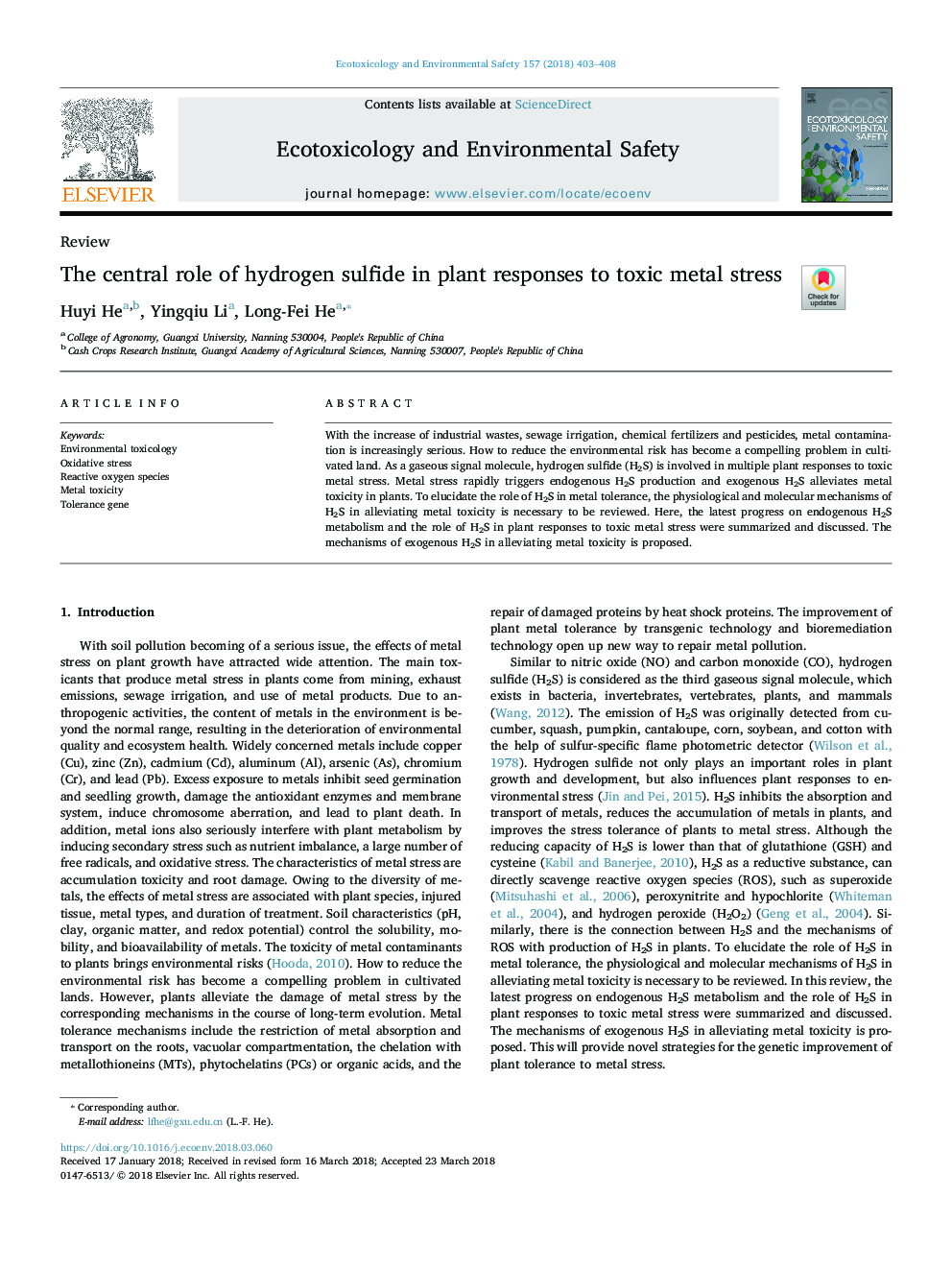 The central role of hydrogen sulfide in plant responses to toxic metal stress