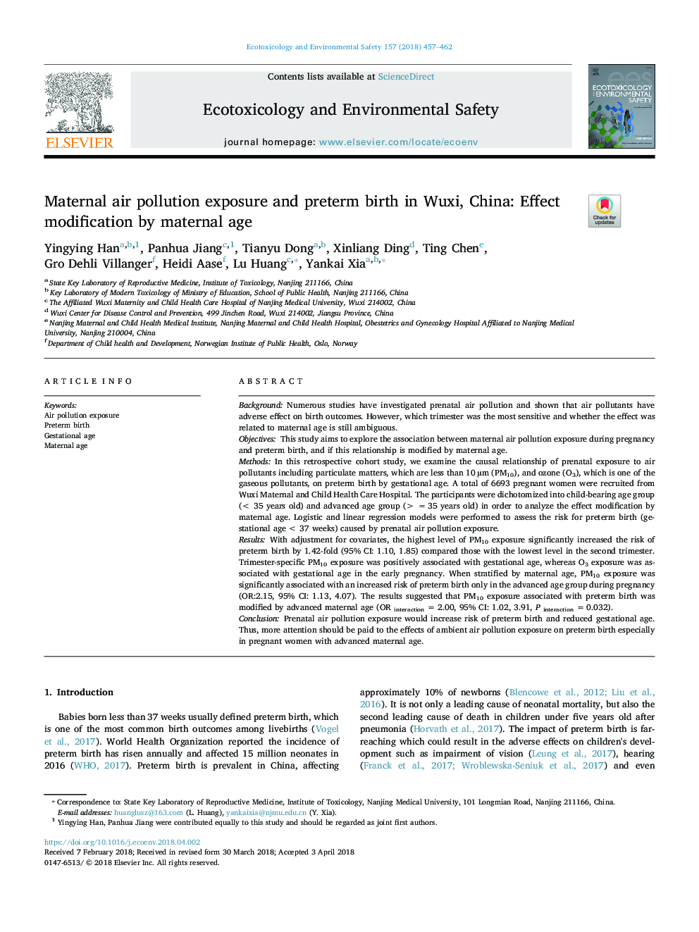 Maternal air pollution exposure and preterm birth in Wuxi, China: Effect modification by maternal age