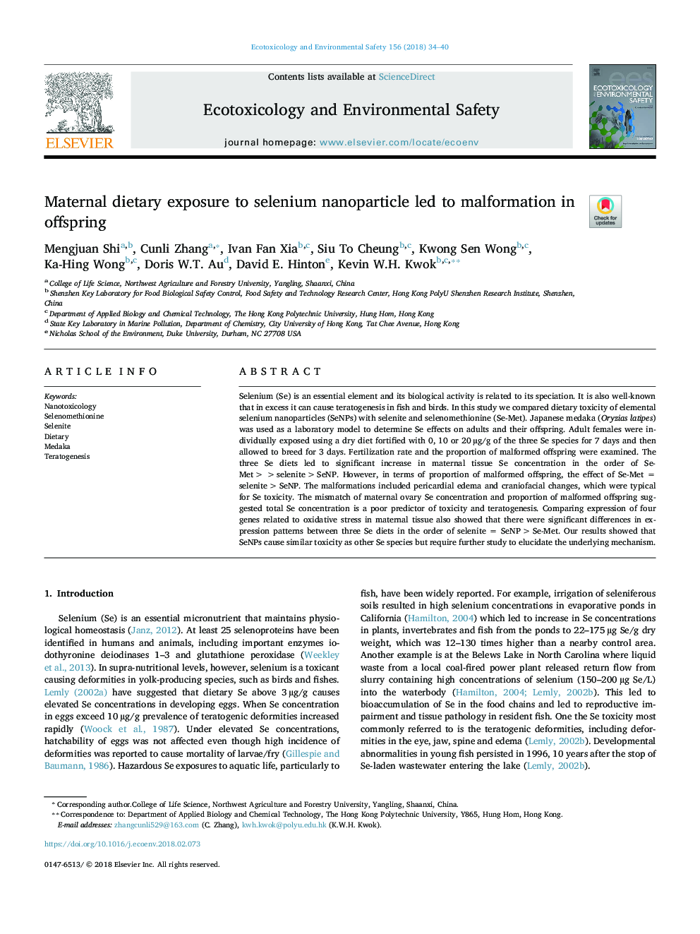 Maternal dietary exposure to selenium nanoparticle led to malformation in offspring