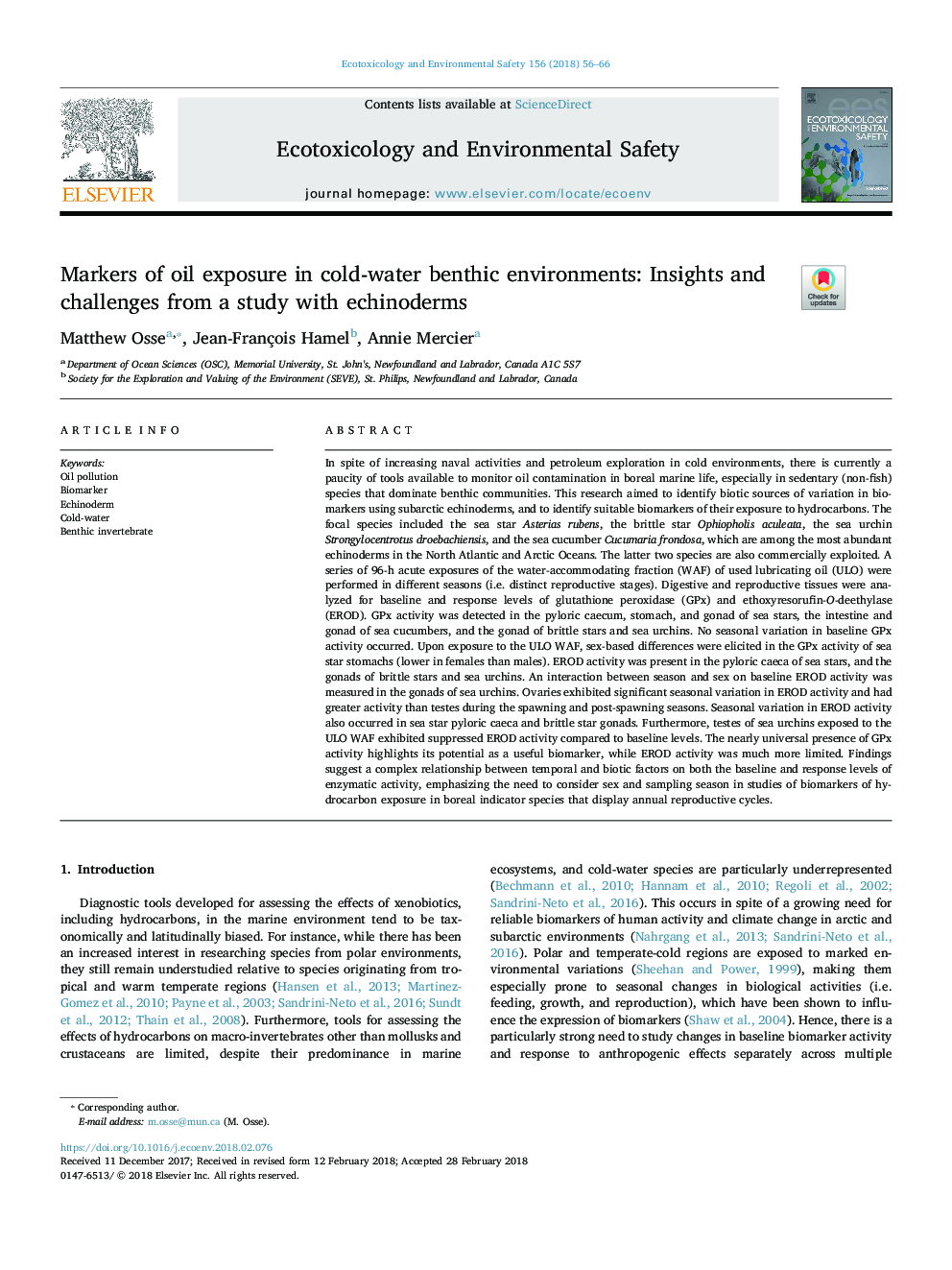 Markers of oil exposure in cold-water benthic environments: Insights and challenges from a study with echinoderms