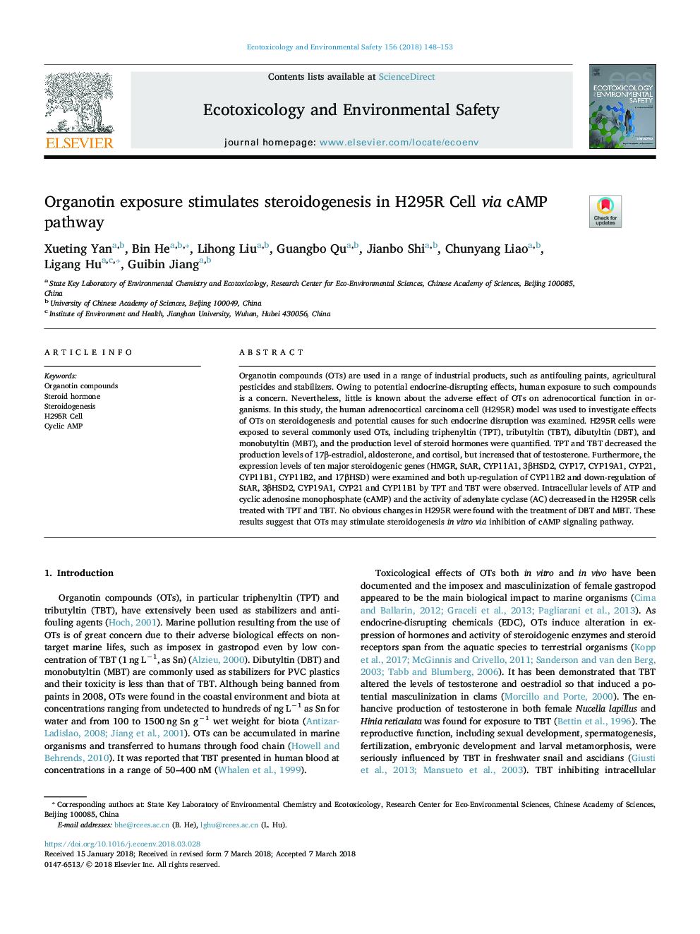 Organotin exposure stimulates steroidogenesis in H295R Cell via cAMP pathway