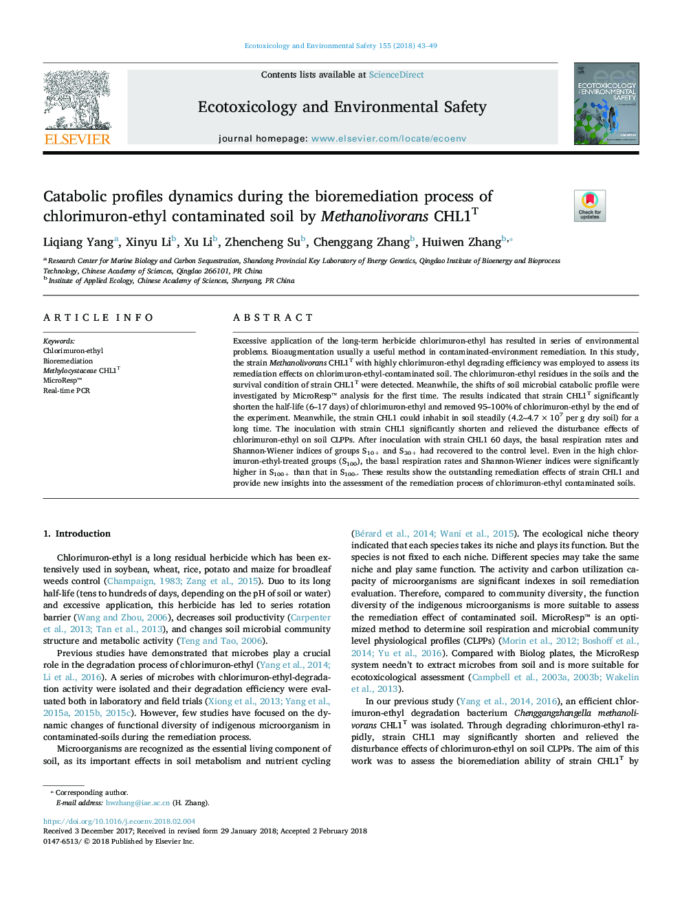 Catabolic profiles dynamics during the bioremediation process of chlorimuron-ethyl contaminated soil by Methanolivorans CHL1T